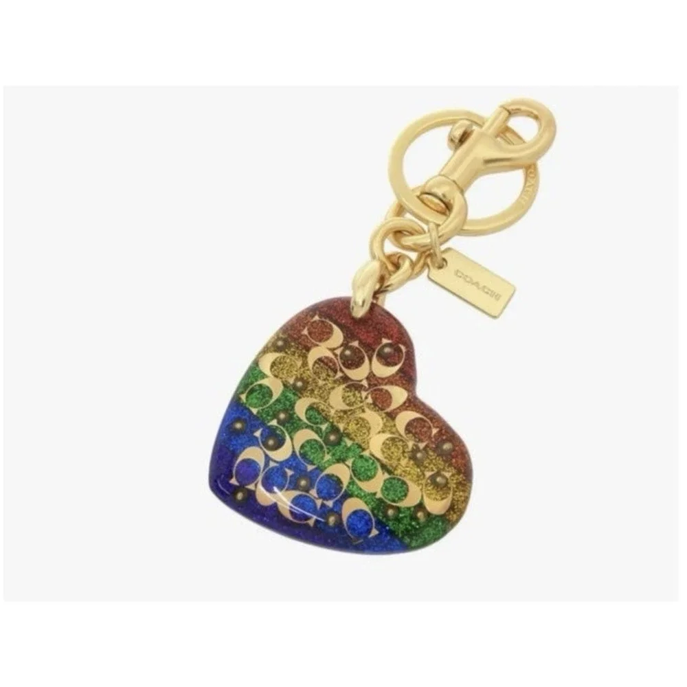 Coach Sprinkle Signature Heart Bag Charm Rainbow Pride Glitter Keychain NEW HTF!